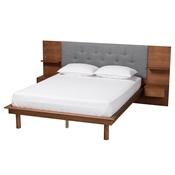 Baxton Studio Eliana Mid-Century Modern Transitional Grey Fabric and Ash Walnut Finished Wood Queen Size Platform Storage Bed with Built-In Nightstands